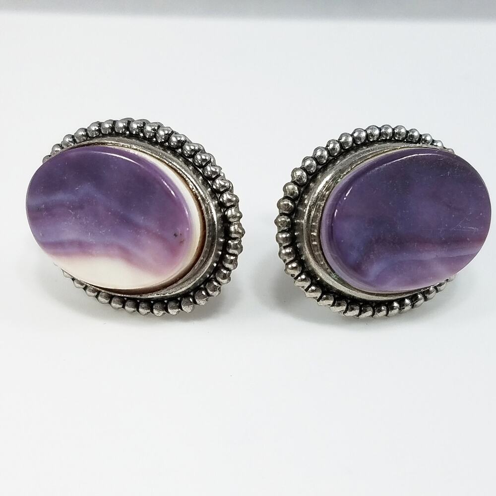 Vintage Quahog Shell Earrings Purple White Screw Back 1940s Oval